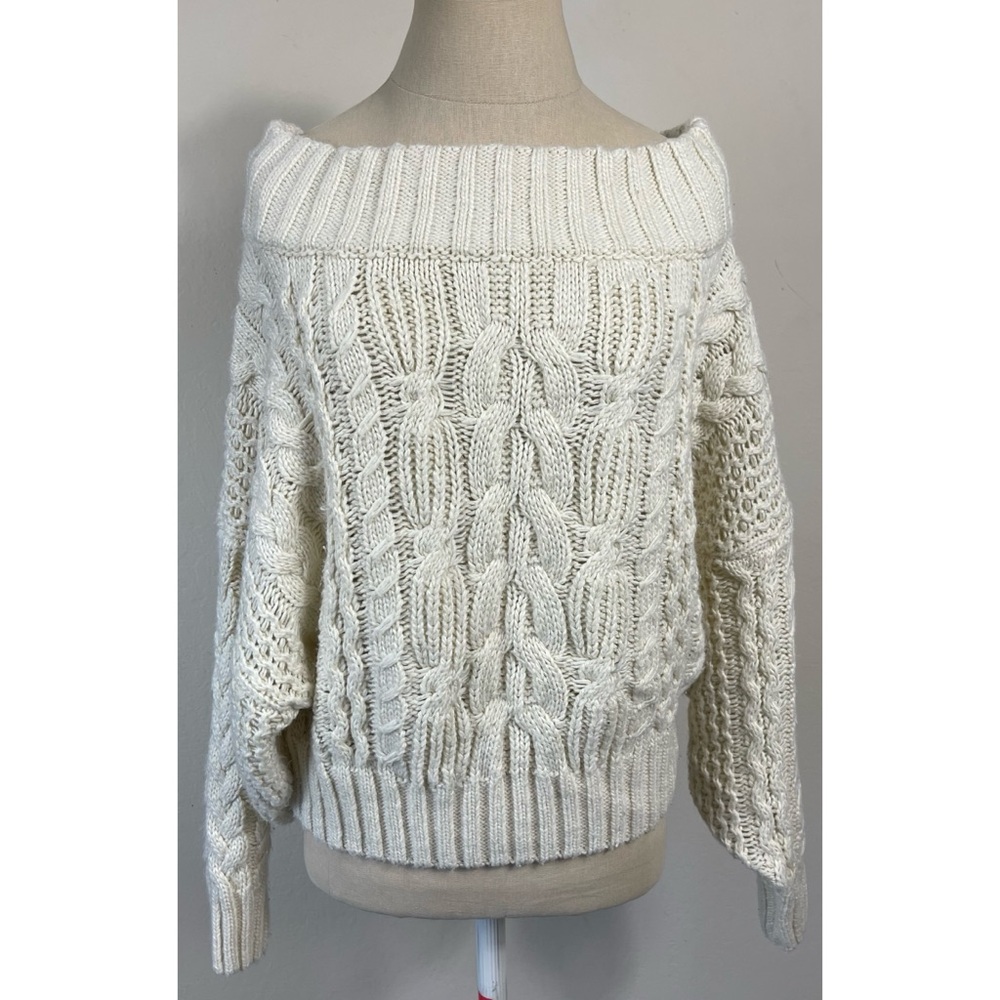 Anthropologie Cream Chunky Knit Wide Neck Cropped Sweater